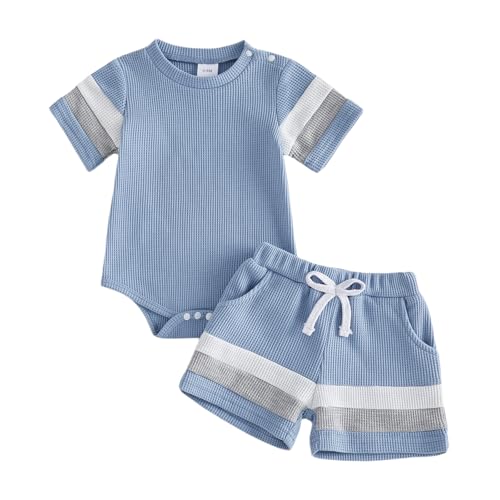 Image of Kuriozud Newborn Baby Boy Summer Clothes Button Short Sleeve Romper Bodysuit Shorts Set Infant Soft Waffle Outfit