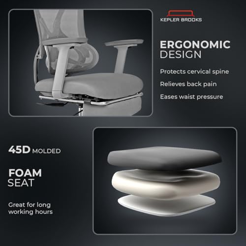Image of Kepler Brooks Vogue Pro Premium Office Chair for Work | 3-Yr Warranty | Ergonomic Office Chair, Study Chair, 2D Headrest, 3D Arms, Multi Lock Seat Slider with Legrest, Heavy Duty Metal Base (Grey)