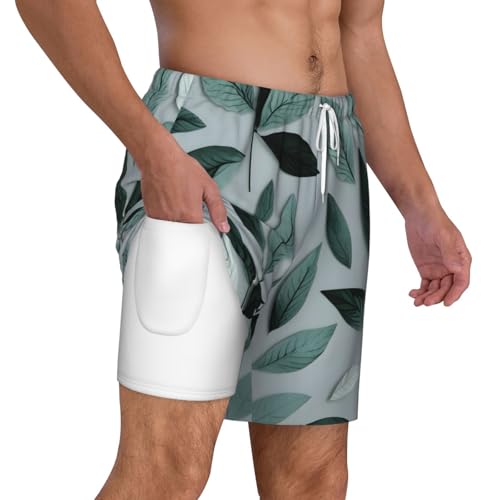 Men's Mint Gray Leaf Print Quick-Dry Mesh Swim Trunks Stretch Lining Beach Shorts Surfing Summer Vacations