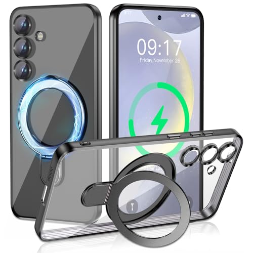 Image of Magnetic Stand & Full Camera Lens Protector Case for Samsung Galaxy S24 FE [Compatible with MagSafe][Military Drop Protective]Not Yellowing Clear Slim Soft S24 FE Phone Case for Women Men,Black