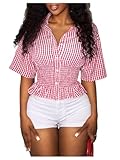 MakeMeChic Women's Y2K Fall Gingham Blouse Half Sleeve Shirred Collared Button Down Shirts Red Medium