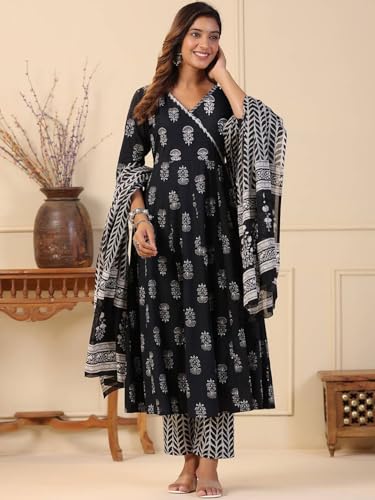 Image of Tee Projekt Women's Cotton Blend V-Neck Anarkali Kurta Pant with Dupatta Set