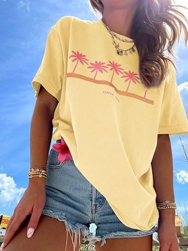 Image of Vintage Oversized Flower Graphic Tees Cute Surfboard Palm Baggy T-Shirts Summer Preppy Beach Tops Teen Girls Clothes
