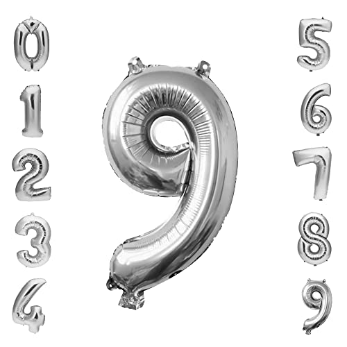 Ballon en aluminium en forme de chiffre - Ballons géants auto-gonflants de 0 à 9 pour filles et garçons, anniversaire, remise de diplôme, Halloween, fournitures de décoration de fête (argent, 9) Cover