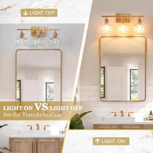 Image of 3-Light Vintage Bathroom Vanity Light, 19.4 inch Brass Hardwired Wall Sconce with Amber Tulip Glass Shades, Brushed Gold Vanity Light for Mirror, Restroom, Bedroom (Clear, 3-Light)
