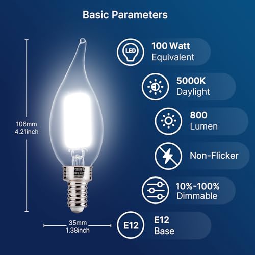 Image of FLSNT LED Candelabra Light Bulbs, CA11 E12 Chandelier LED Light Bulbs 100W Equivalent, 5000K Daylight, 800LM, 5.5W, CRI 82+, AC 120V, 12 Pack, Dimmable UL,CA65 Listed.