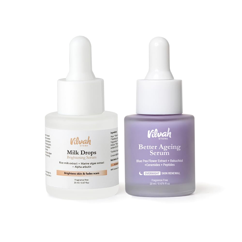 Vilvah Store AM PM Face Serum Combo | Milk Drops Serum and Better Ageing Serum | Skin Brightening, Even Skin Tone, Anti-Ageing, Wrinkle Repair | Rice Milk Extract and Blue Pea Flower | 20ml + 20ml-image-11