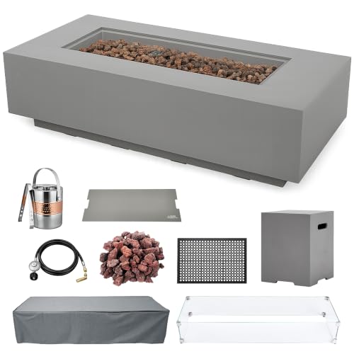 Image of AMS Creations | Madison 60 inch Bundle Rectangular Propane Gas Outdoor Fire Pit Table | Light Gray Concrete GFRC | Smooth Texture or Surface | Electronic Ignition | Outside Backyard Fireplace