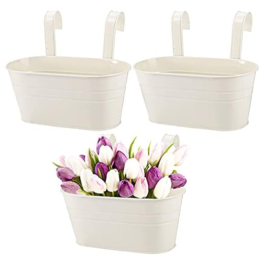 Ezzu Crafts Set of 3 Rail Planter, Balcony Planters Railing Hanging Flower Pots with Detachable Hook, Iron Fence Bucket Outdoor Flower Pot for Patio Fence Deck Balcony Garden Color White