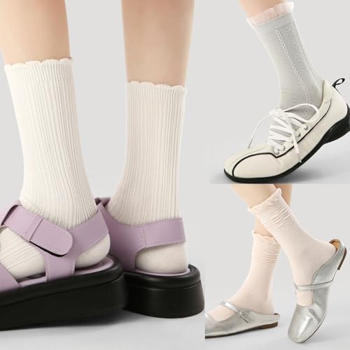 Image of 3 Pairs Women's Delicate Cotton Socks with Ruffled Lace Trim Elegant Cozy Dress Socks in Matching Styles (One Size, Camellias)
