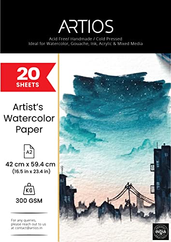 Image of ARTIOS Watercolor Paper, 300 GSM, 100% Cotton, Handmade, A2, 20 Sheets