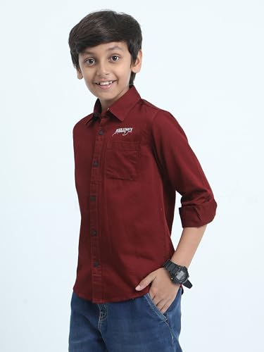 Image of Red Nine Rocket Science Boys' Solid Satin-Finish Poly Cotton Shirt | Single Pocket, Spread Collar, Long Sleeve, Casual
