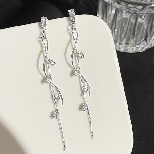 Long Crystal Linear Drop Earrings for Women Zirconia Threader Tassel Earrings Twist Leaf Rhinestone Dangle Earrings Dainty Wedding Prom Party Jewelry Gifts4
