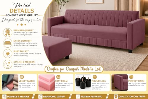 Image of 3 Seater Velvet Sofa with Ottoman | Modern Upholstered Couch | Comfortable Living Room Sofa | Durable & Stylish Seating for Home, Office & Guest Room - Rose Pink Color