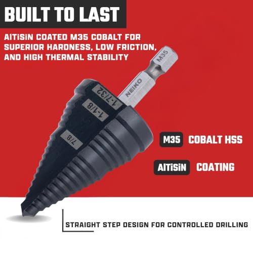 Image of NEIKO 10636B Step Drill Bit, 3 Steps 7 /8 inch to 1-7 /32 inch Straight M35 Cobalt, AlTiSiN Coated, 1 /4 inch Quick Change Step Bits for Steel, Metal, Wood, Plastic, Unibit Cone Drill Bits, Two Flute