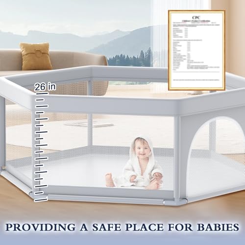 Image of XVISHX 65x65 Inch Hexagonal Baby Playpen, Playpen for Babies and Toddlers, Baby Play Pen Playard for Indoor & Outdoor Active Center Game Fence, with Skin-Friendly Fabric and Soft Breathable Mesh