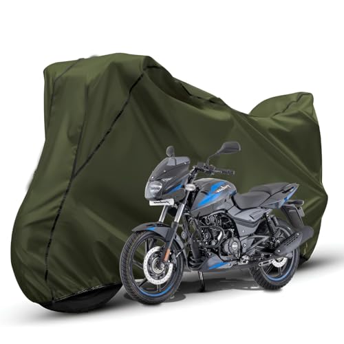Image of Waterproof Bike Body Cover Compatible with Bajaj Pulsar 150 Dustproof Scratchproof - Motorcycle Cover for Two Wheeler, Outdoor Full Cover with UV, Duty, Rain Protection (Olive with Black)