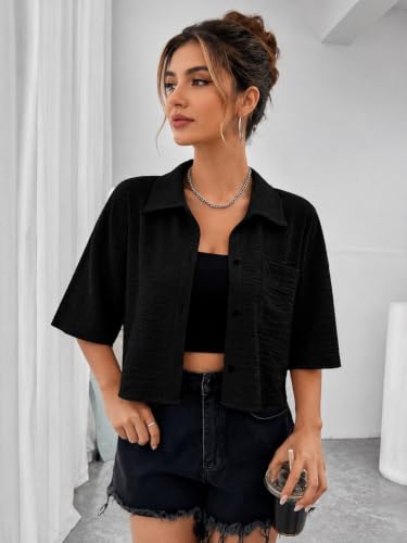 Image of Jacket for Women Stylish Cropped | Trendy Half Sleeve Button Down Casual Top | Loose Fit Shrug for Beach & Resort Outfits | Fashionable Lightweight Jacket (28 K-1-4)