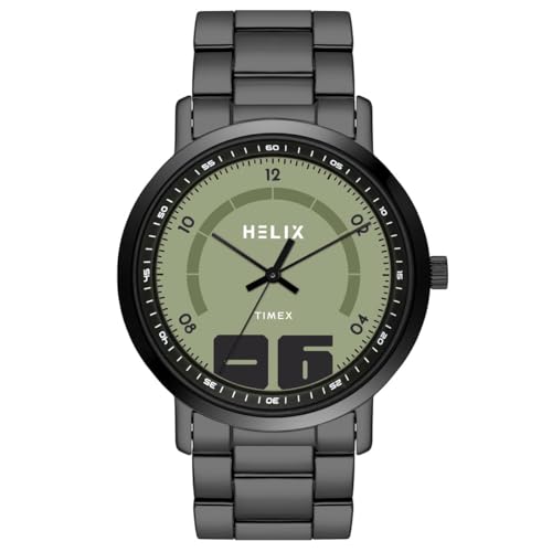 Image of Helix by Timex Analog Watch for Man with Green Round Dial & Black Stainless Steel Bracelet Band Water Resistant Men's Wrist Watches - TW053HG05