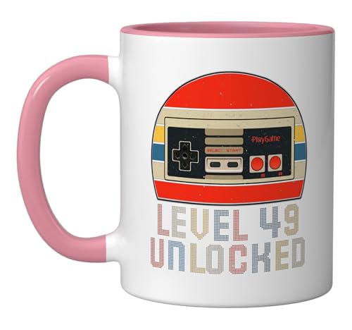 Level 49 Unlocked Video Gamer 49th Birthday Men Women Ceramic Mug, Pink/White