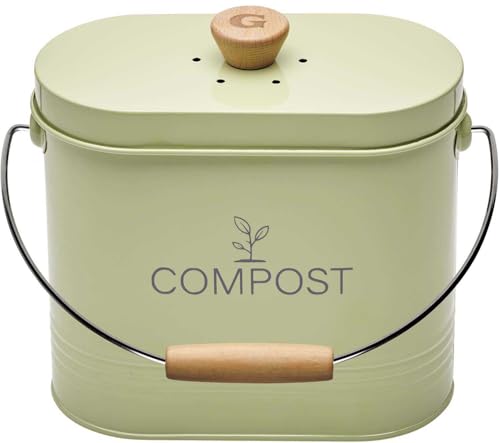 Seau à Compost 3L Ovale – Filtre Charbon Anti-Odeurs – Acier Peint Vert Sauge – Poignée Bois – Bac Compost Cuisine Compact – Composteur de Cuisine...