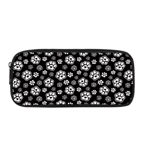 Image of Pencil Case, Pen Pouch Bag for Kids Students School Supplies | Black White Paw Print Print,polyester fabric,wear-resistant and easy to clean,zipper design gift for boys and girls