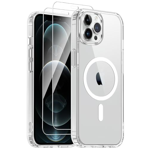 COPIKE Funda Magnética para iPhone 12 y 12 Pro con 2 Cristal Templado, Compatible con MagSafe, Carcasa Antigolpes Anti-Amarillo Tapa Trasera Resistente Arañazos, Transparent