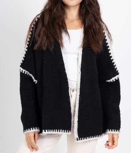 Image of chouyatou Women Fall Open Front Color Block Cardigan Sweater Casual Striped Chunky Knit Oversized Cardigan