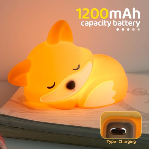 Image of S NMT Cute Silicone Fox Night Light for Kids, Rechargeable Sleeping Nursery Nightlights with Timing Function for Christmas Gift, Dimmable Beside Decoration Lamp