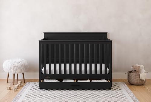 Image of Graco Tristan 5-in-1 Convertible Crib with Drawer (Black) - GREENGUARD Gold Certified, Fits Standard Crib Mattress, Premium Handle, Converts to Toddler Bed, Daybed, and Full-Size Bed