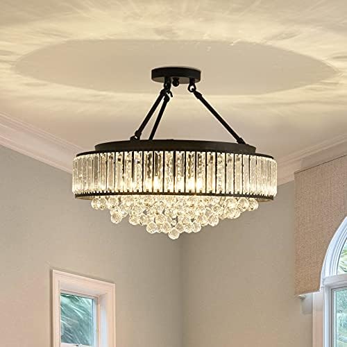 YYJLX 6-Light Modern Large Crystal Chandelier Black Metal E26 Semi Flush Mount Round Ceiling Light Fixture Ceiling Lamp Farmhouse for Dining Room Living Room Laundry room Foyer Kitchen Balcony Bedroom