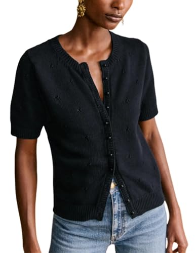 Image of Bianstore Women's Casual Short Sleeve Crewneck Button Down Cardigan Sweater Crochet Knit Top
