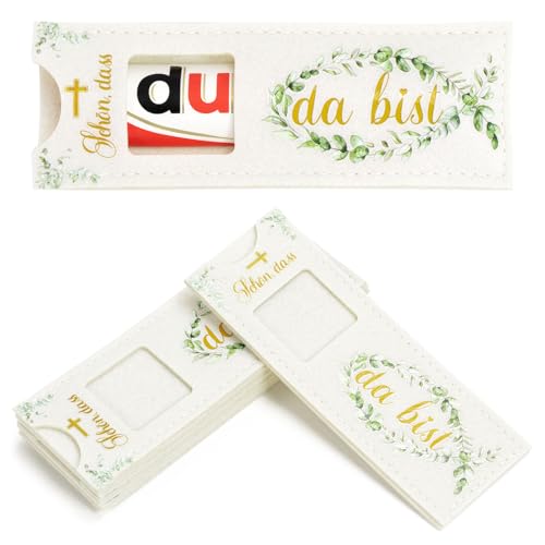 Schön das du da Bist Gastgeschenk 24 Stück Schön dass du da Bist Hülle Filz für Schokolade Verpackung Eukalyptus Fische Deko Geschenke für Jungen & Mädchen Taufe Kommunion Konfirmation Firmung