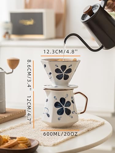 Image of Pour Over Coffee Maker,Ceramic Coffee Maker With 40 pcs Paper Filter,20oz /600ml Pour Over Coffee Dripper (Blue and white)