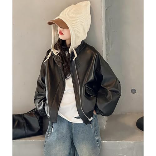 キッズ レザージャケット 黒 女の子 韓国 春秋 PU トップス フード付き