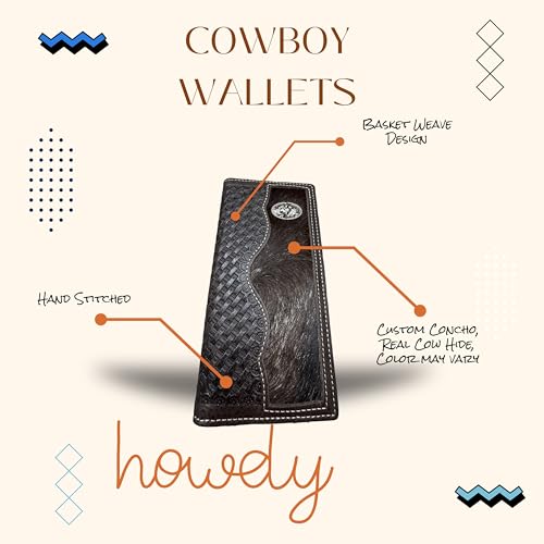 Men’s Long Leather Wallet – Basketweave Rodeo Bifold with Bull Rider Concho and Hair-On Cowhide Inlay – Cowboy Checkbook Wallet for Ranchers & Rodeo Fans4