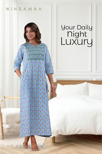 Image of NIHSAMAH Cotton Nighty for Women - Printed Stylish Night Gown, Comfortable Sleepwear Long Nightwear, Maxi
