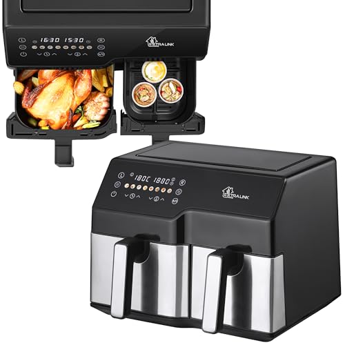 Extralink 2500W Airfryer 10L (6L + 4L) - Heißluftfritteuse Doppelkammer mit 8 Kochfunktionen, Friteuse Heißluftfritteuse...
