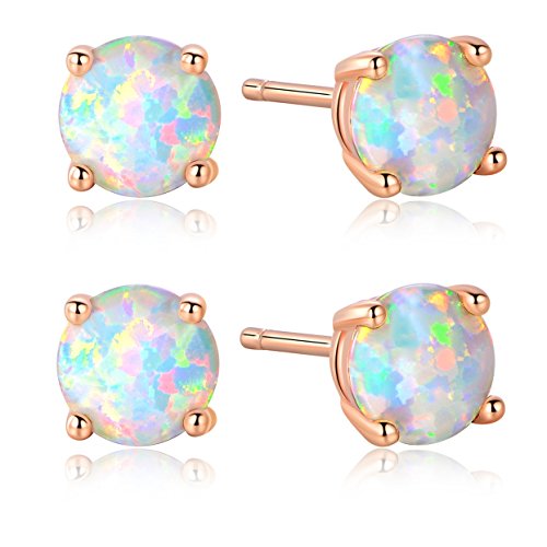 GEMSME Pack of 2 18K Rose Gold Plated Opal Stud Earrings 6MM Round For Women