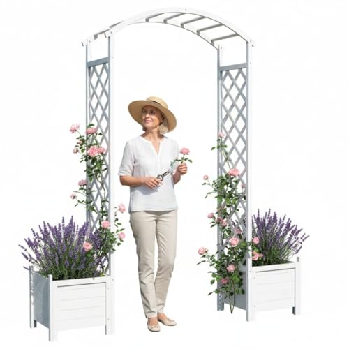 Melko Arche de Rose Aide à l'escalade Blanche Bac à Fleurs Arche de Porte Treillis Pergola en Bois