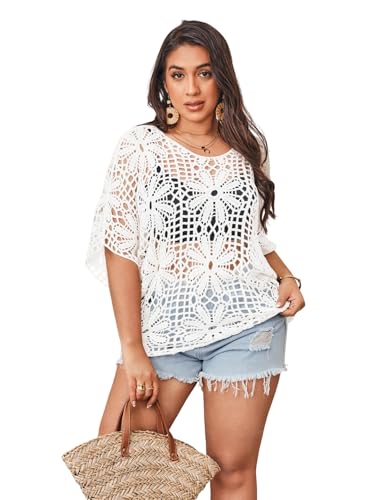 Image of BEAUDRM Women's Plus Size Floral Crochet Tops Hollow Out Boat Neck Sweaters Dolman Sleeve Oversized Knit Top