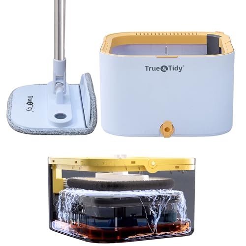 True & Tidy TrueClean Spin Mop 2.0 w/Detachable Inner Bucket Self Standing Separates Clean and Dirty Water Foldable Square Mop Head Triple Jet Stream w/Hidden Brush Replaceable 2pc Pads