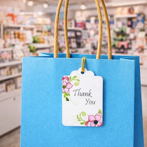 Image of CVANU Floral Thank You Gift Tags (Set of 150), Elegant Flower Design (D8) Hanging Tags with Gold String for Wedding Return Gifts & Small Business Packaging (2.85 x 1.7 Inch)