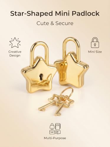 Image of Mini Star Shaped Padlock with Key Cute Decorative Padlock for DIY Projects Diaries Journals and Crafts Star Lock for Girls Design(Gold-2PCS)