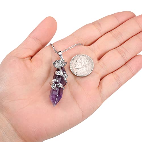 Pesoenth Amethyst Crystal Necklace Silver Flower Wrapped Purple Hexagonal Gemstone Pendant Purple Crystal Spiritual Healing Point Necklace Jewelry For Women Girl #TOP2