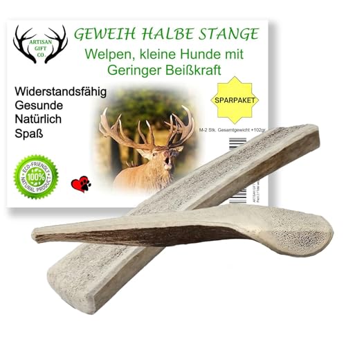 ARTISAN GIFT CO Hundesnack Rothirsch Geweih Kausnack – Halbe Stange (M) Ideal für Welpen, Hunde die sanft kauen und ältere Hunde EINWEG