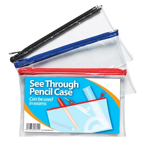 1ABOVE 3pk Clear Pencil Case for Exams Transparent Pencil Case with Zipper for Usage in School Home Office and Travel. Blue Black and Red- 20x12.5cm