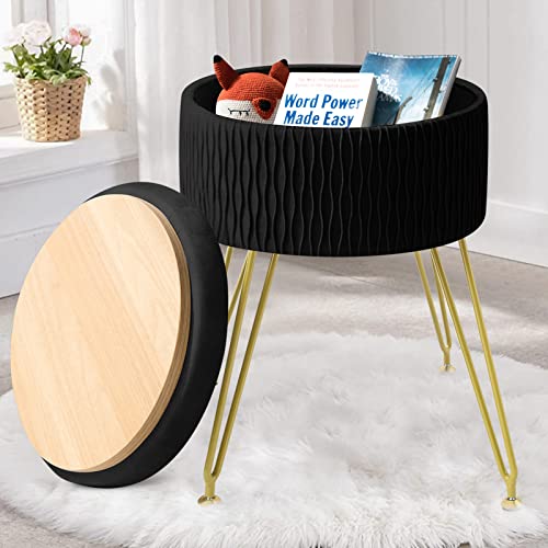 Gerant Velvet Storage Ottoman Vanity Stools - Multifunctional Upholstered Pleated Round Footrest With Golden Metal Legs,Removable Coffee Table Top Cover,Suitable For Living Room,Bedroom(Black) #TOP15