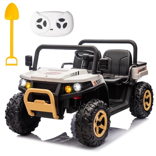 POSTACK 24V Ride on Toy, 4x4 Battery Powered Electric Vehicle with Parental Remote Control, 2 Seater Electric Dump Truck for Kids, 4WD Tractor UTV for Kids to Drive w/Bluetooth, Music, White