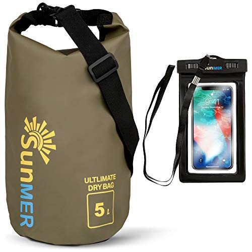 SUNMER 5L Army Green Waterproof Dry Bag With Waterproof Phone Case, IPX8 Rating Weather, Land or Sea